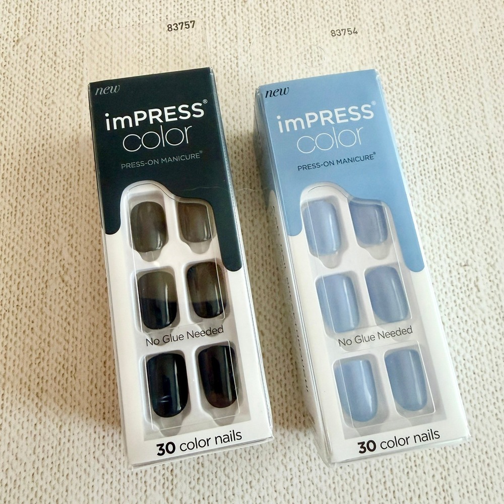 2 Sets KISS imPRESS Color Press-On Manicure Nails Kits Baby Blue Dark Gray NIP